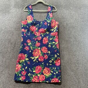 Lands End Midi Dress Women 16 Blue Floral Rose Sheath Stretch‎ Cotton Babydoll